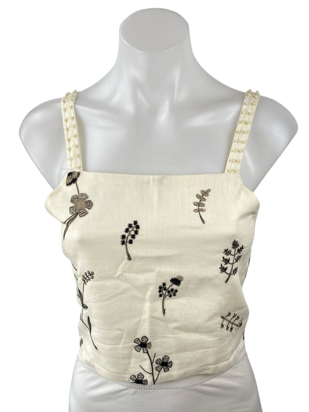 Zara Women's Cream Beaded Embroidered Leaf Sleeveless Tie Cami Crop Top Size L